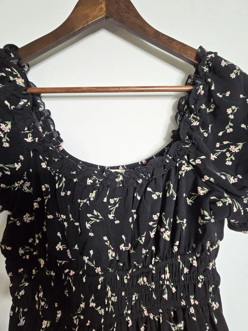 Black Floral Smocked Mini Dress Cottagecore Ruffle Puff Sleeve Boho Summer -L